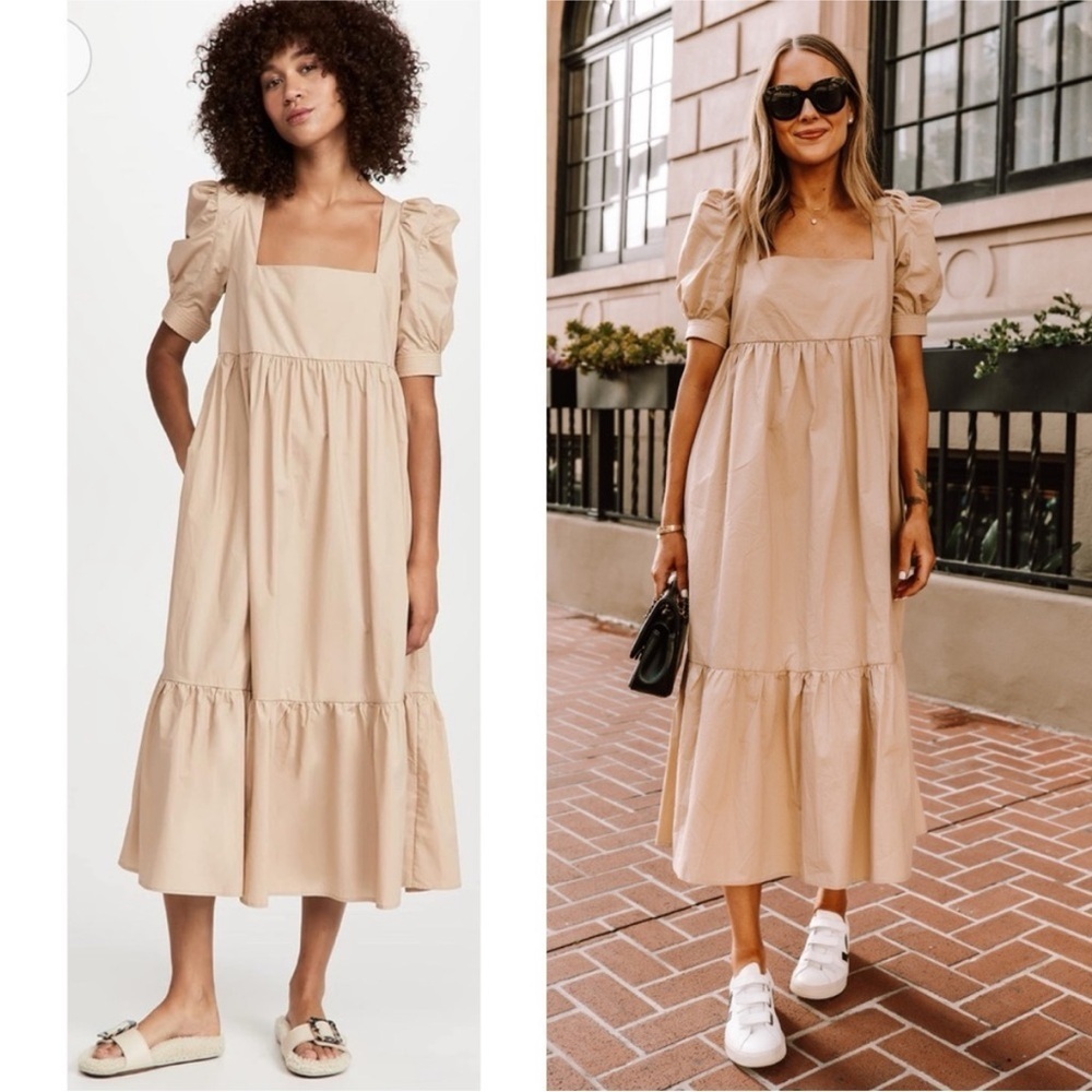 En Saison Square Neck Puff Sleeve Midi Dress Natural Size XS Cotton Pockets